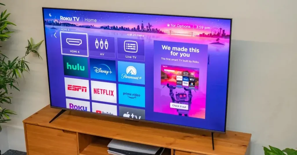 Smart TV screen displaying streaming apps like Hulu, Disney+, Netflix, and Prime Video